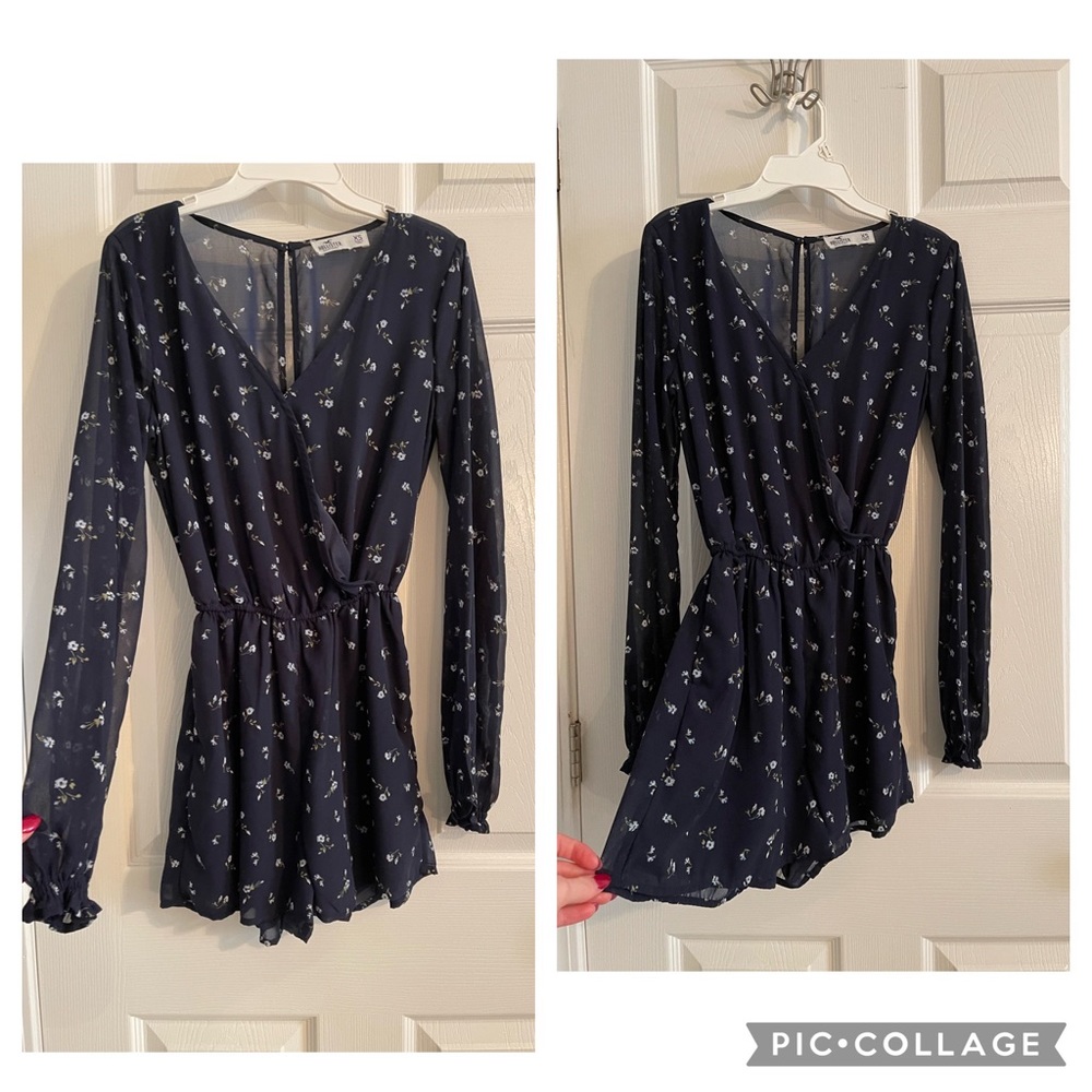 Hollister floral romper. Size XS, worn once. Sheer sleeves, flattering v-neck.